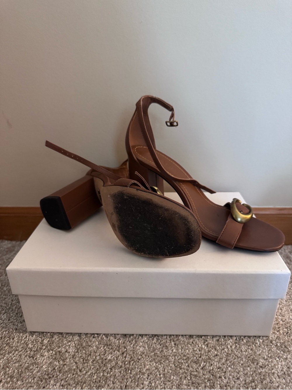 Coach Brown Leather Block Heel Sandals with Gold Hardware - Picture 2 of 2
